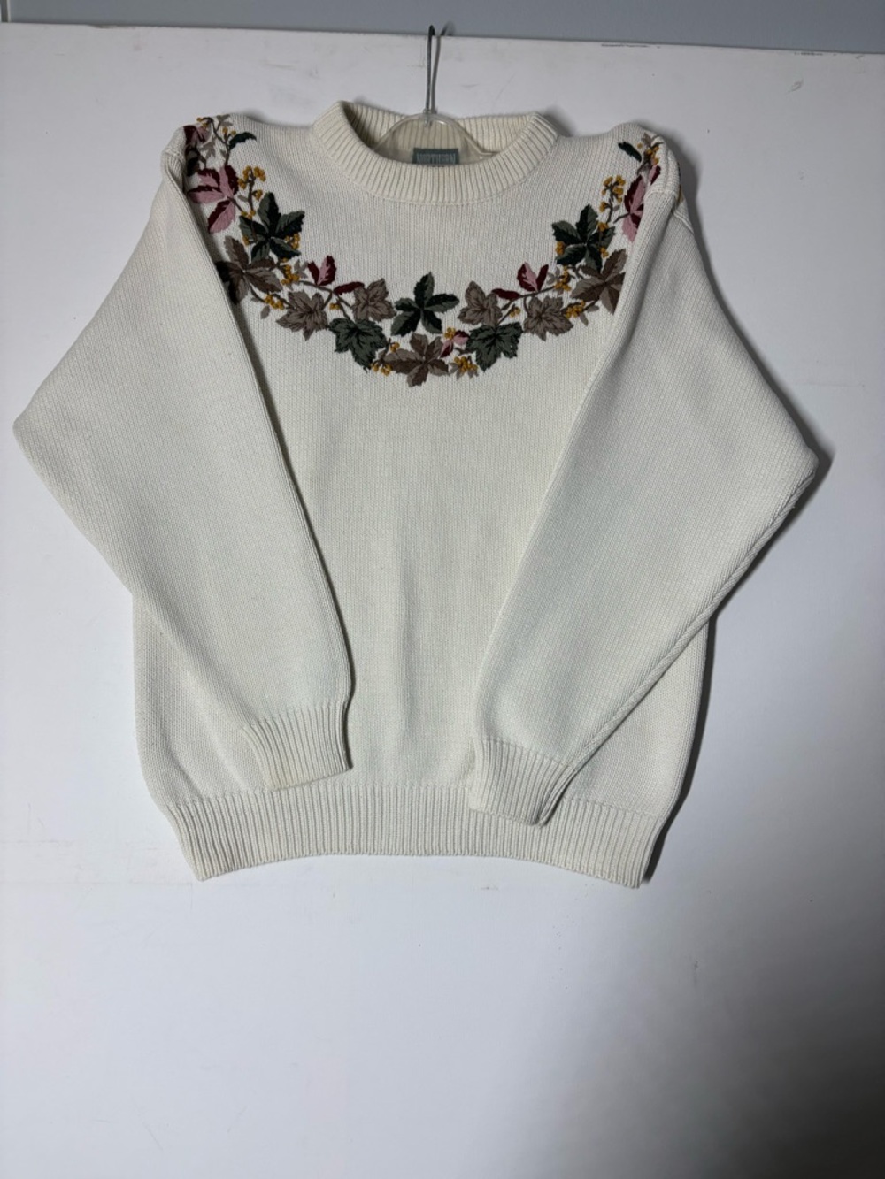 Cream Crewneck Sweater with Embroidered Floral Yoke